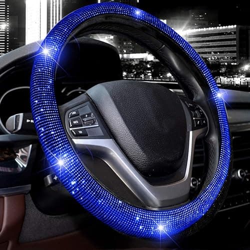 Valleycomfy Steering Wheel Cover for Women Men Bling Bling Crystal Diamond Sparkling Car SUV Wheel Protector Universal Fit 15 Inch (Black with Blue Diamond,Standard Size(14" 1/2-15" 1/4)) - Image 1
