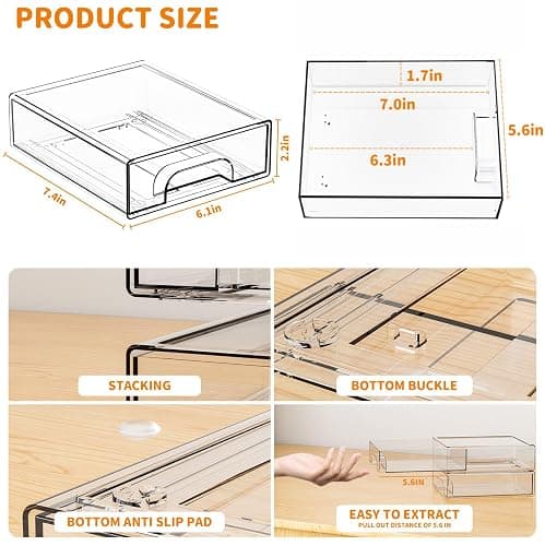 Yieach 4 Pack Small Clear Stackable Storage Drawers,2.2'' Tall Desk Organization and Storage,Plastic Office Supply Organizer,Acrylic Storage Containers for Makeup,Hair Clip,Accessory,Pen,Art Crafts thumbnail 3
