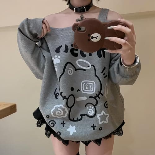 GOTHPICKUS Y2K Off Shoulder Kawaii Cute Graphic Sweatshirt Casual Long Sleeves Hrajuku Tops Cat Print Pullover Sweatshirts thumbnail 5