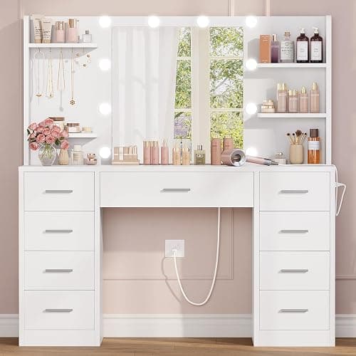 FIONESO Vanity Desk with Mirror and Lights, Makeup Vanity with 9 Drawers, 4 Shelves & 5 Jewel Hooks, White Vanity with Outlet & 3-Color Dimmable LED, Dressing Table for Women, Bedroom, White thumbnail 3