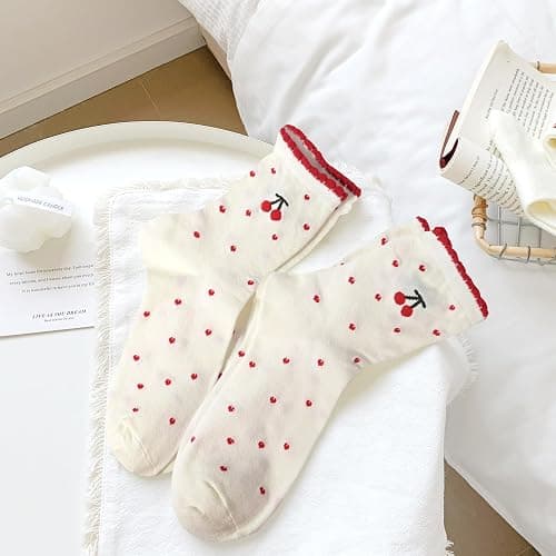 Knagsfa Women's Cute Crew Socks, Casual Athletic Cotton Bowknot Cherry Calf Novelty Socks for Women thumbnail 2