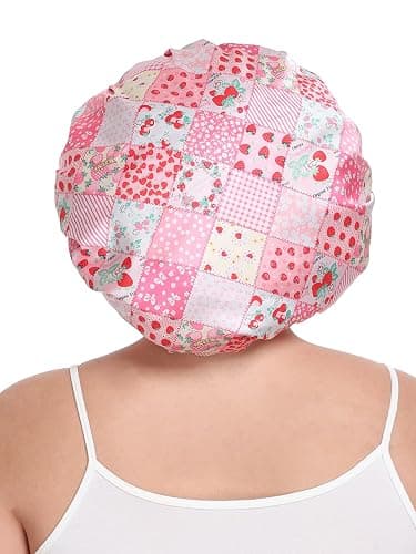 Vettres Double Layer Satin Hair Bonnet with Eye Mask Silk Sleep Cap with Tie Head Wrap for Curly Natural Hair Pink Strawberry thumbnail 5