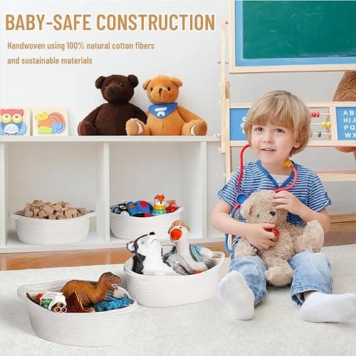 Calkkrer Weiß Geflochtener Baumwollseil-Korb mit Griff, Leerer Geschenkkorb, Praktischer Aufbewahrungskorb für Baby-Spielzeug, Dekorativer Organizer für Kinderzimmer thumbnail 2