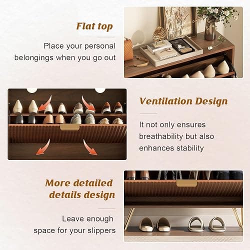 LYNCOHOME Fluted Narrow Shoe Storage Cabinet with 2 Flip Drawers, Freestanding Shoe Organizer for Entryway, Shoe Rack Cabinet with Adjustable Shelves, Walnut thumbnail 3