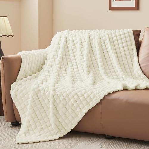 BEDELITE Cream Throw Blanket for Couch and Bed- Super Soft and Warm 3D Checkered Fluffy Fuzzy Fleece Blanket, Luxurious Plush Cozy Blanket for Room Decor Spring, 50x60 inches thumbnail 2