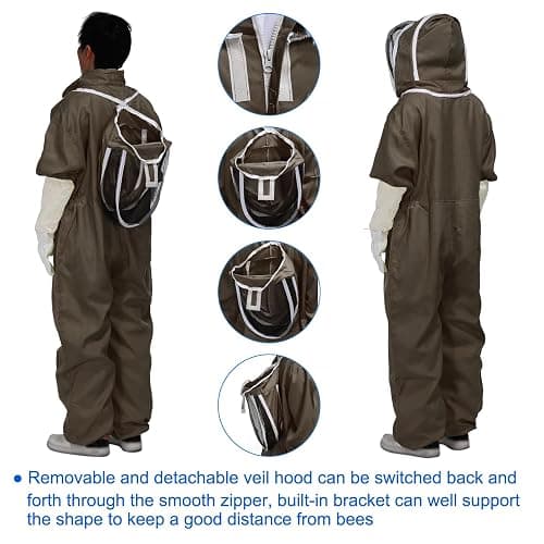 HARFINGTON Bee Suit for Men Women XXL Beekeeping Suit Outfit with Gloves and Veil Hood (Jacket, Pants, Gloves) Bee Suits for Adult Backyard Professional and Beginner Bee Keeper, Coffee thumbnail 5