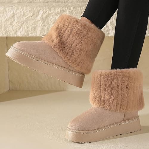 Gezolligheid Women's Faux Fur Mid Calf Snow Boots - Round Toe Suede Warm Fur Lined Platform Flat Comfort Outdoor Winter Fashion Boots thumbnail 4