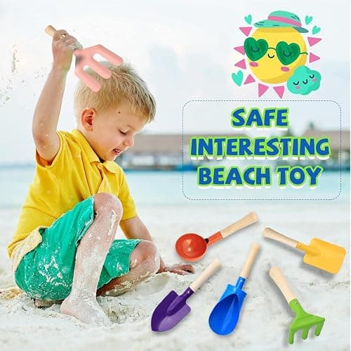 6 PCS 8" Kids Gardening Tools, Metal Beach Sandbox Digging Toys with Sturdy Wooden Handle, Safe Backyard Snow Sensory Playset Including Cylinder, Spoon, Fork, Rake, Flat & Pointed Shovels for Children thumbnail 5