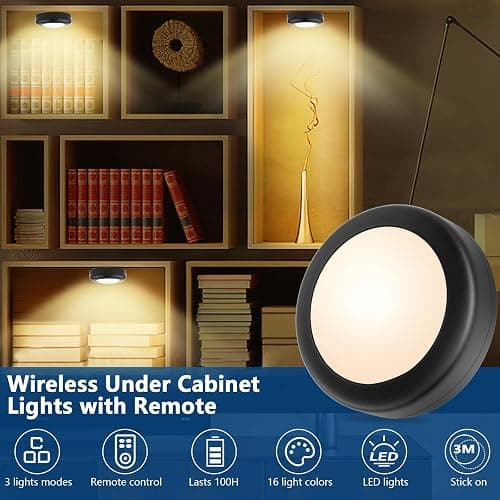 Yiliaw 3 Pack LED Puck Lights Remote Control 16 Color Changeable Under Cabinet Lights, Battery Operated Lights Night Light with Dimmer & Timmer for Closet Bedroom Kitchen, Black thumbnail 2
