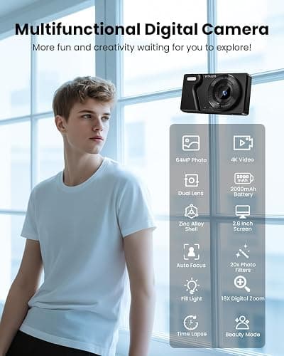 Vitaler Digital Camera with Front Rear Lens, Autofocus 64MP 4K Camera for Photography with 32GB Card, Portable Compact Point and Shoot Camera for Teens Adult Beginner with Metal Shell, 2000mAh Battery thumbnail 5