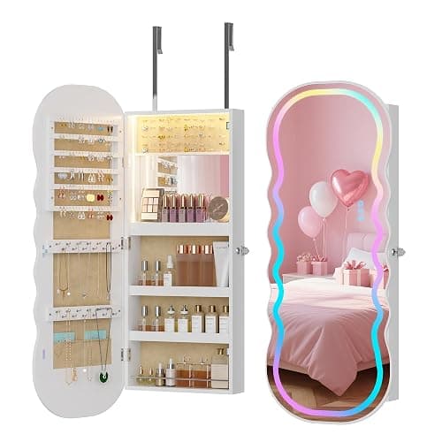 Lvifur RGB Lighted Mirror Jewelry Cabinet,LED Wavy Wide Mirror with Storage, Wall or Door Mounted Jewelry Organizer with Interior Mirror,Lockable Jewelry armoire,Gift Ideal - Image 1