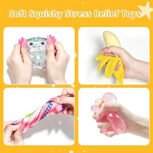 4 Pack Fun Food Squishy Set – Coconut Oil + Axolotl + Banana + Rainbow Butter Squishy, Sensory Stress Relief Fidget Toys, Cute Pocket for Home Office Travel, Calming Anxiety Gifts for Adults. thumbnail 2