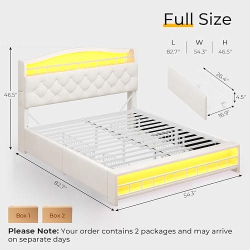 BTHFST Full Bed Frame with Storage Headboard & 4 Drawers, Girl Upholstered Storage Bed with LED Lights & Charging Station, No Box Spring Needed, Easy Assembly, Beige thumbnail 2