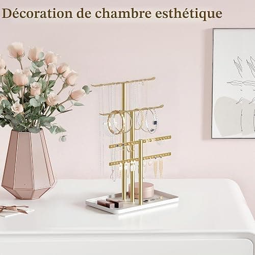 Organisateur de Support à Bijoux à 3 Niveaux - Support Solide pour 80 Pièces de Bijoux - Porte-Bijoux Doré - Porte-Bijoux pour Colliers, Boucles d'oreilles, Bracelets, Bagues - Cadeau pour Femmes thumbnail 6