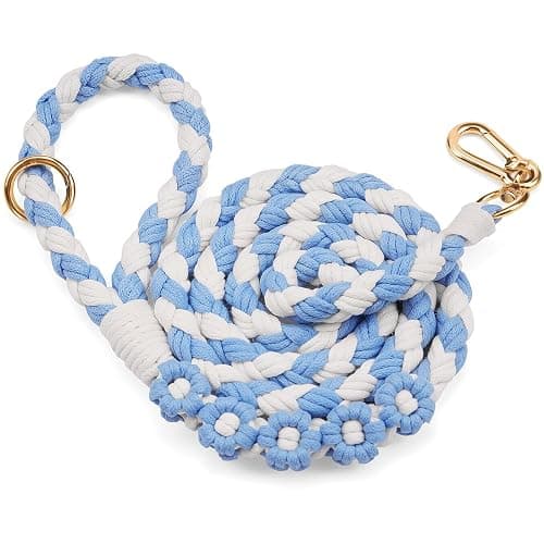 Handmade 5ft Braided Cotton Dog Leash with Unique Floral Handle, Durable and Stylish, Ideal for Small to Large Dogs,Blue & White Color - Image 1