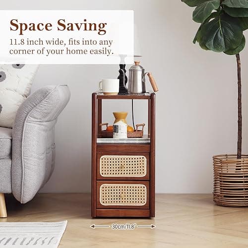 Tiita Rattan Nightstand Side Table, Bamboo Accent Bedside Tables, Glass Coffee Tables, Boho Wooden End Table with Storage for Small Space, Living Room and Bedroom thumbnail 6
