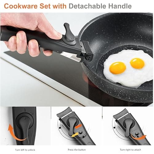 Sweetcrispy 12-Piece Granite Nonstick Pots and Pans Set, Black | Detachable Handle, Stackable, Space-Saving, Dishwasher ＆ Oven Safe, Induction Ready, RV & Condo Kitchen, New Home Cookware thumbnail 8