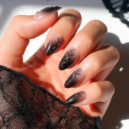 Glamnetic Press On Nails - 'Til Death | Ombre 3D Lace Medium Almond Fake Nails with Glossy Finish, Salon Quality Halloween Nails | 15 Sizes - 30 Nail Kit with Glue - Image 1