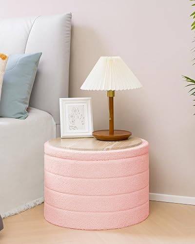 B FSOBEIIALEO Ottoman with Stroage, Round Sherpa Storage Ottoman Stool, Boucle Foot Rest22 x 22"x15.75" (Pink thumbnail 7