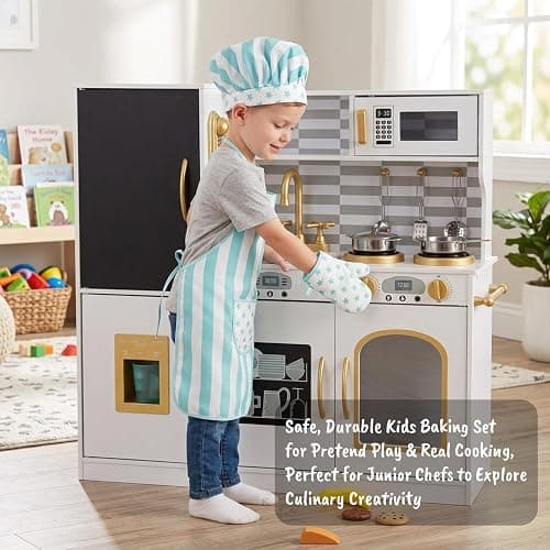 Kid Apron and Chef Hat Set, 3 Pcs Children Cooking Baking Set Kits Role Play Chef Toy Kid Cooking Gift for Girls Boys (Blue) thumbnail 6