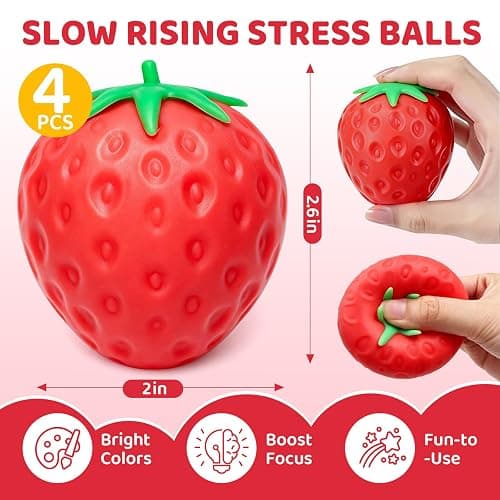 4 Pcak Strawberry Squish Stress Balls, Cute Bulk Strawberry Squeeze Toys | Fruit Squishies Toy, Big Kawaii Sticky Stress Fidget Toy for Kids, Teen Boys Girls Birthday Gift Ideas thumbnail 2