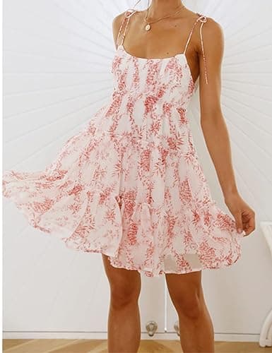 Mansy Womens 2025 Summer Floral Mini Dress Boho Flowy Skater Dresses Short Sleeveless Ruffle Spaghetti Strap Dress thumbnail 6