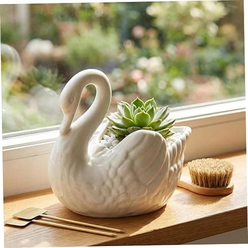 Swan Planter, Ceramic Swan Vase with Drainage Hole for Succulents, Decorative Indoor & Outdoor Desktop Planter Home Decor, White thumbnail 2