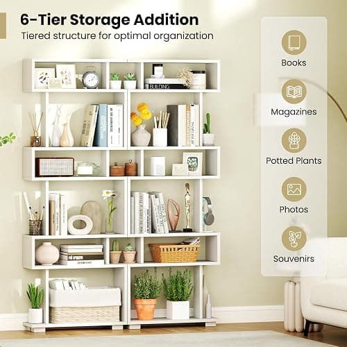 Giantex 6-Tier Geometric Bookcase, 64" Tall S-Shaped Bookshelf with Anti-Tipping Kit, Wood Freestanding Decorative Storage Display Shelves for Living Room, Bedroom & Home Office, White thumbnail 7
