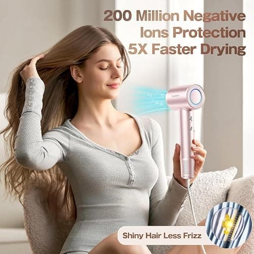 Labiim Hair Dryer, High-Speed Ionic Blow Dryer 110,000 RPM Motor, Pink | Fast Drying 200M Ions Frizz & Thermo-Control HairDryer with Magnetic Nozzle, Lightweight Low-Noise Compact for Home Travel thumbnail 2