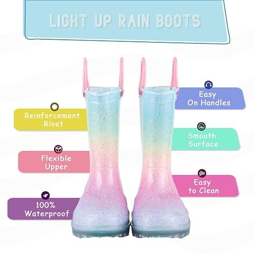 EUXTERPA Kids Toddler Light Up Wellies Glitter Welly Rain Boots for Girls with Handles for 1-9 Year Old Child thumbnail 2