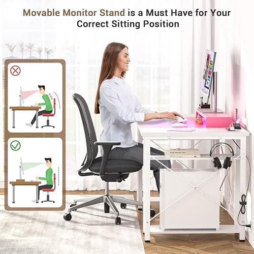 Armocity Computer Desk with LED Lights, 55 Inch Desk with Power Outlet and USB, Reversible Large Desk with Moveable Monitor Stand, 55.2'' Gaming PC Table for Home Office, Workstation, Pink and White thumbnail 7