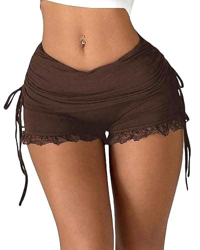 Women’s Lace Trim Side Drawstring Ruched Micro Shorts Y2K Low Rise Stretchy Cute Summer Ruffle Mini Shorts - Image 1