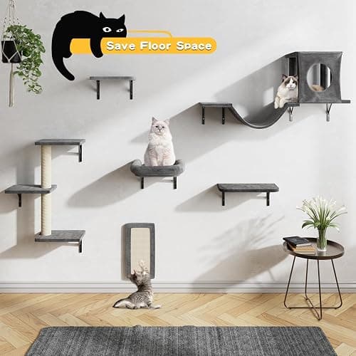 NUNU LAB Cat Wall Shelves, 6 Pcs Luxury Wall-Mounted Cat Climber Set, Indoor Cat Furniture with 1 Condos House, 2 Cat Wall Shelves, 1 Scratching, 1 Bridge Ladder, 1 Scratching Pad, Dark Gray thumbnail 4