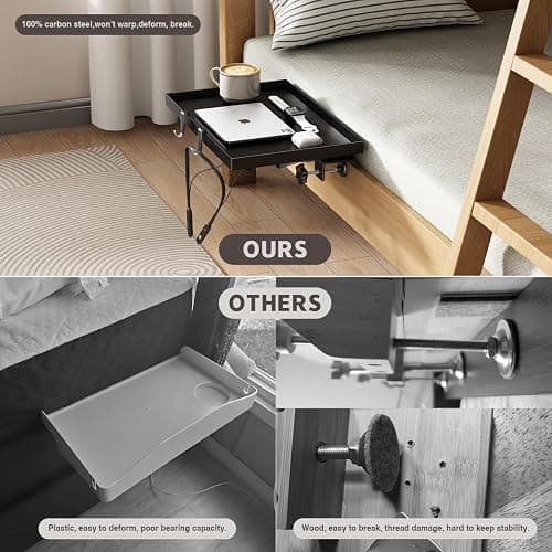 Magheo Bedside Shelf Foldable, Metal Clip-On Bunk Bed Table Shelf for Top Bunk Heavy Duty Bed Side Table Tray for College Dorm Room Essentials, Loft Nightstand Organizer Tray with 1 Cord Hole(Black) thumbnail 6
