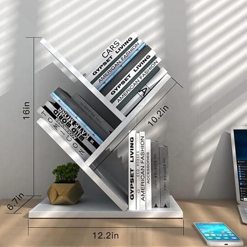 Godferyxin Tree Bookshelf, 3-Tier Wood Small Bookshelf and Mini Book Shelf for Office, Home or School Desk Book Shelf for for Displaying Books, CDs, Magazines Wood Storage Rack-Whit thumbnail 2