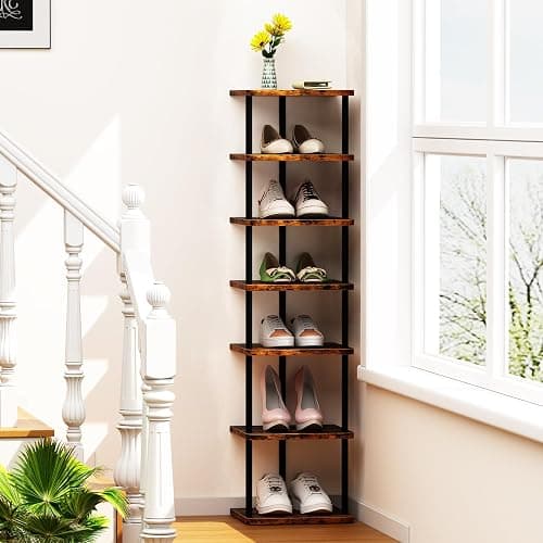 Huhote Shoe Rack Organizer, Shoe Stand, 7 Tier Narrow ShoeShelf, Metal ShoeTower, ShoeRack for Closet, Hallway, Entryway, Front Door, Small Spaces, Wood Color thumbnail 5