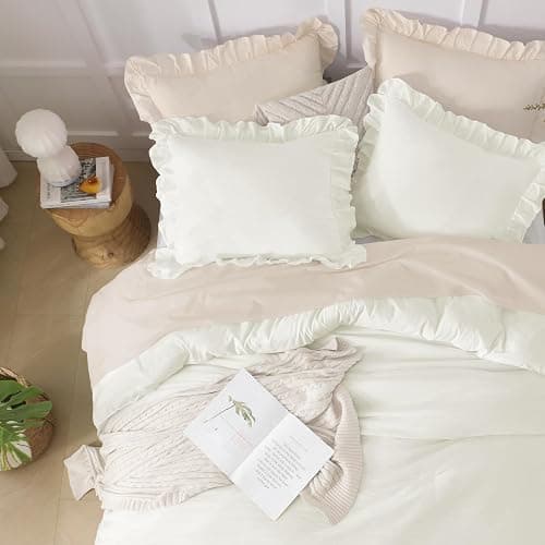 Andency Ivory Comforters Queen Size, 3 Pieces Solid Shabby Chic Farmhouse Bedding Comforters & Sets, Lightweight Fluffy All Season Soft Down Alternative Bed Set for Women Men thumbnail 3