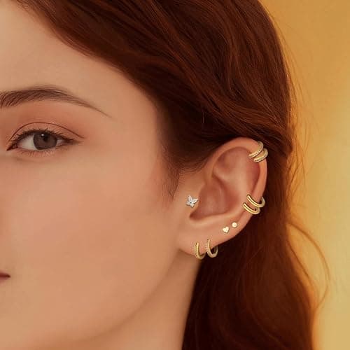 Wgoud 12 Pairs Hypoallergenic Surgical Steel Earrings for Sensitive Ears Waterproof Trendy Gold Plated Small Stud Flat Back Stainless Steel Earrings for Women Men Hoop Cartilage Earring Set for Multiple Piercing thumbnail 2