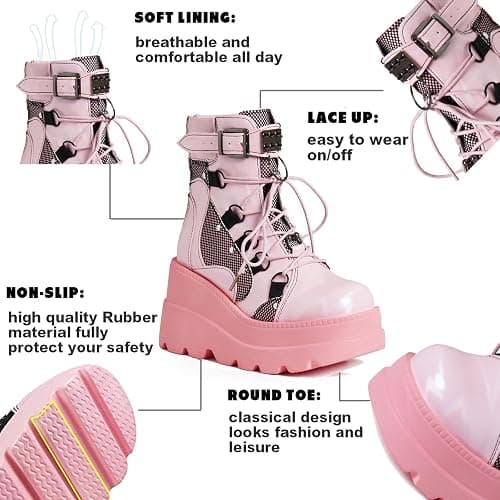 Tscoyuki Platform Ankle Boots for Women Chunky High Heel Booties Goth Round Toe Combat Boots Women Lace Up Motorcycle Wedges thumbnail 4
