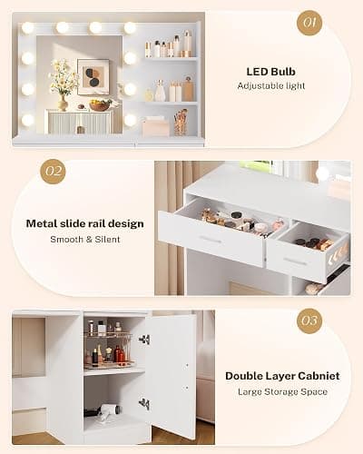 LIVELYGLOW White Makeup Vanity with 10 Hollywood Light Bulbs, 35.4" Wide Dressing Table with Large Mirror & Dimming Function, Small Space Vanity Desk with 2 Drawers, Storage Cabinet & Shelves thumbnail 5