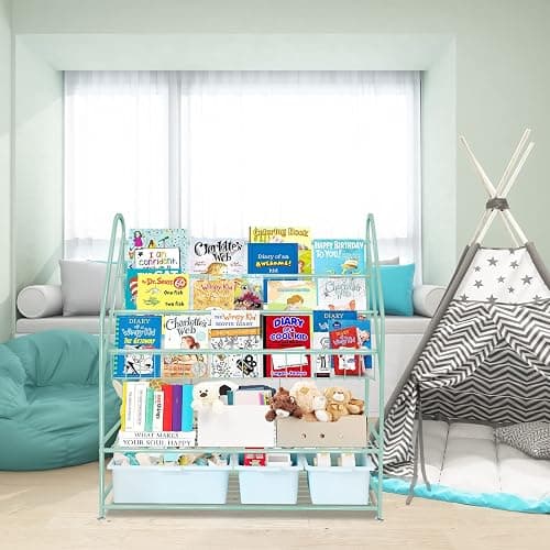 aboxoo Metal Kids Bookshelf Green Freestanding for Children Room 32 in Toy Organizer Book Unit Storage Large Green Stable Bookcase Bookstore Living Room Bed Room Library thumbnail 8