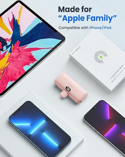 Taegila 5000mAh Portable Charger with Built-in Cable, MFi Certified Compact Power Bank, LCD Display and LED Lights, Suitable for iPhone Series 14/13/12/11/XR/X/SE/8/7/6 Pro Max (Pink) thumbnail 3