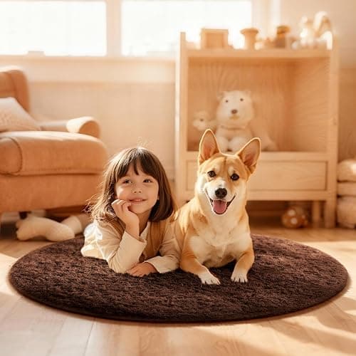 Ophanie Round Rug 4Ft Brown Circle Area Rug, Fluffy Fuzzy Small Bedroom Carpet, Plush Soft Shaggy Floor Living Room Circular Christmas Decor for Kids Boys Girls Home Aesthetic, Nursery, Classroom thumbnail 3
