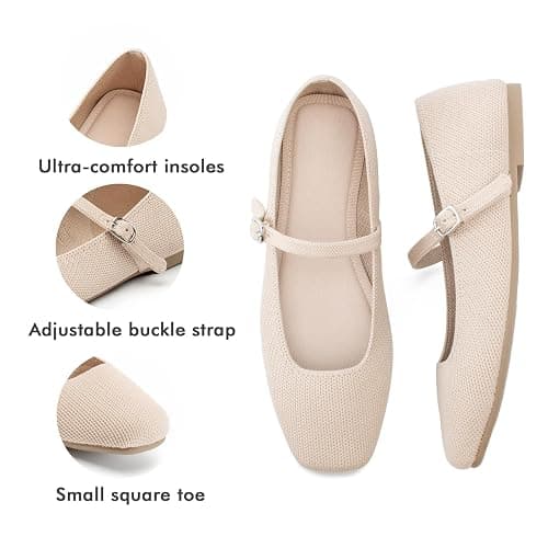 Soesyi Knit Flats for Women Square Toe Flats Casual Ballet Flats with Ankle Strap,Mary Jane Shoes Women Comfortable for Dressy Office thumbnail 5