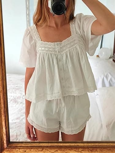 Women Lace Trim Flowy Shirt Y2k Half Short Sleeve Ruffle Low Cut Babydoll Tops Boho Cute Fairy Going Out Streetwear thumbnail 3