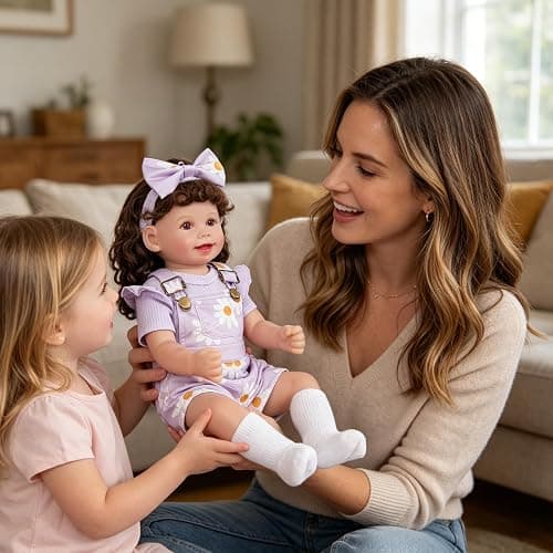 BABESIDE 4 Pcs Reborn Baby Doll Clothes Set for 17-22 Inch Baby Dolls | Cute Purple Flower Baby Doll Overalls Lifelike Reborn Baby Doll Accessories with Headband and Socks for Realistic Dolls Girl thumbnail 7