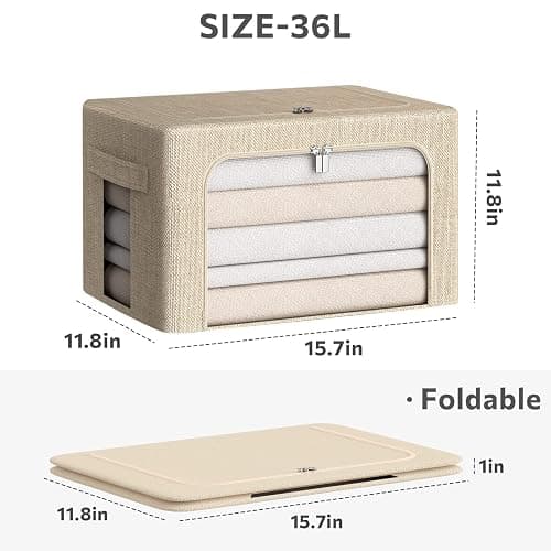CYhom 3Pack Foldable Storage Bins - Frame Storage Box Linen Fabric Stackable Clothes Container Organizer with Clear Window & Carry Handles Large Capacity (Medium-36L, Beige) thumbnail 3
