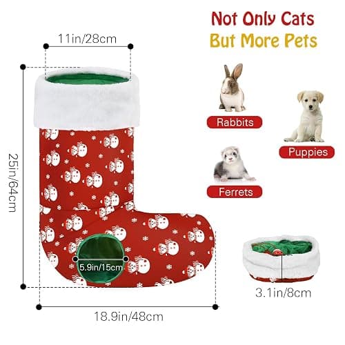 Pawaboo Cat Tunnel Christmas Sock with Bell Balls, Upgraded 2 Way Cat Tunnel Interactive Toy, Pet Xmas Stocking with Crinkle Paper & Strong Spring-Steel Frame for Cat Kitten Kitty, Red Snowman thumbnail 7
