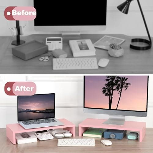 TEAMIX Pink Monitor Riser-20L inch, Wood Monitor Stand for Desk, Sturdy TV/Screen/PC/Printer/Laptop Riser,Computer Shelf with Storage TV Holder for Home Office (Pink, 20 inch) thumbnail 7