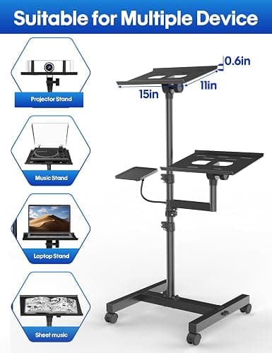ORWOD Projector and Laptop Stand Tripod, 2 Shelves Mobile Laptop Tripod Stand, Max 47" Height Adjustable Laptop Cart on Wheels, Projector Floor Stand with Ventilated Tray for Podium, Meeting, Couch thumbnail 6